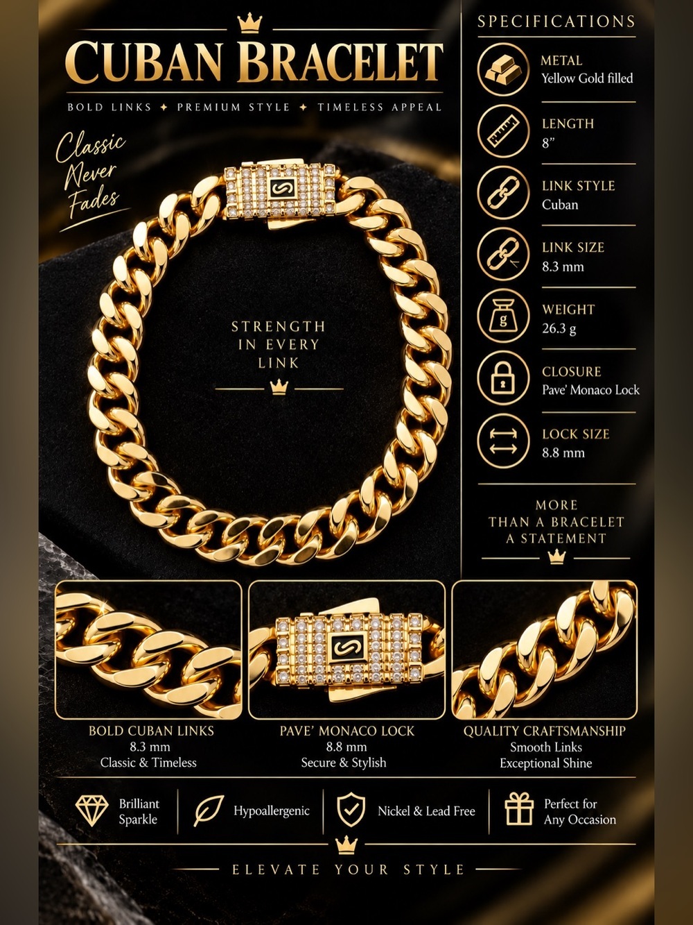 8.3mm Yellow Gold Cuban Link Bracelet 8 in. - Picture 3 of 10